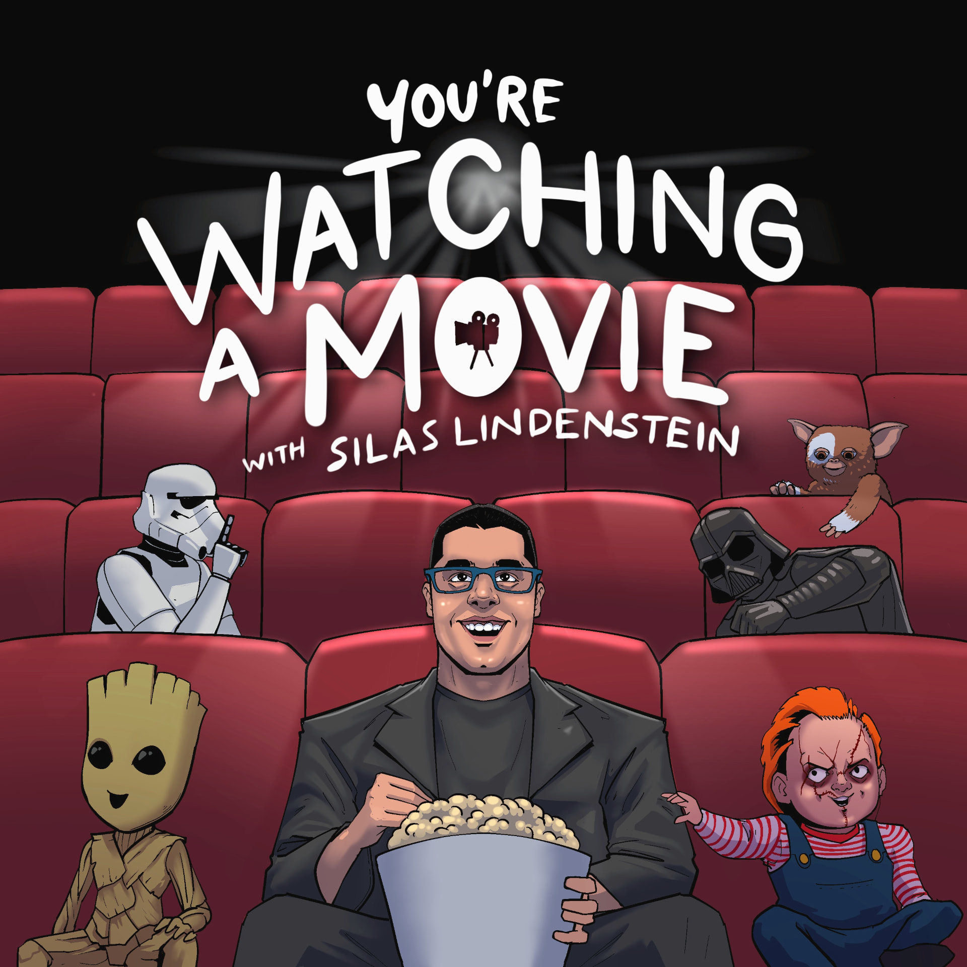 You're Watching a Movie podcast cover art with Silas Lindenstein in a cinema
